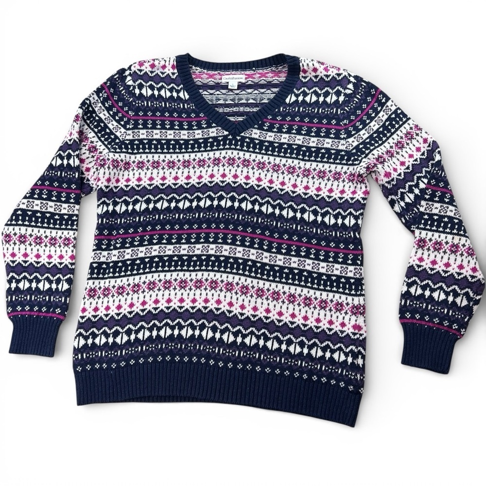 Croft & Barrow Fair Isle V-Neck Sweater Women’s Large Navy Pink Winter Knit